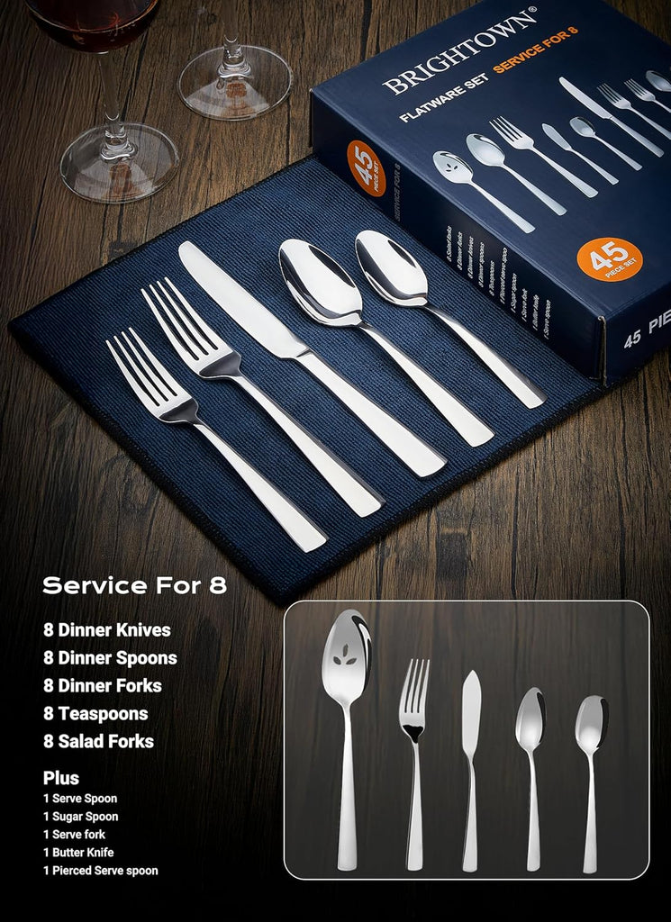 45-Piece Flatware Sets, Silverware Set for 8, Durable Stainless Steel Tableware in Ergonomic Design Size and Weight