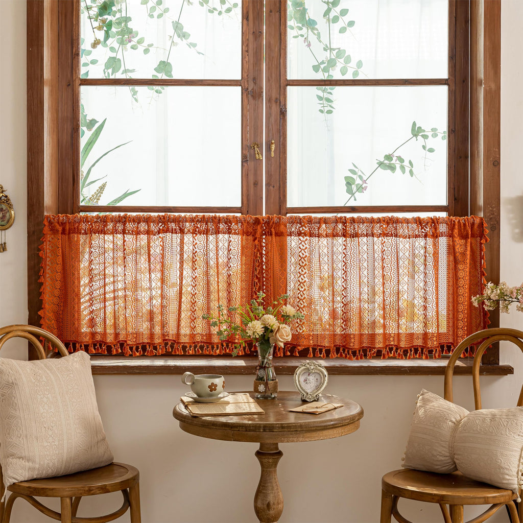 Terracotta Boho Short Curtains Window Curtains Over Sink, Burnt Orange Crochet Privacy Farmhouse Lace Sheer Vintage