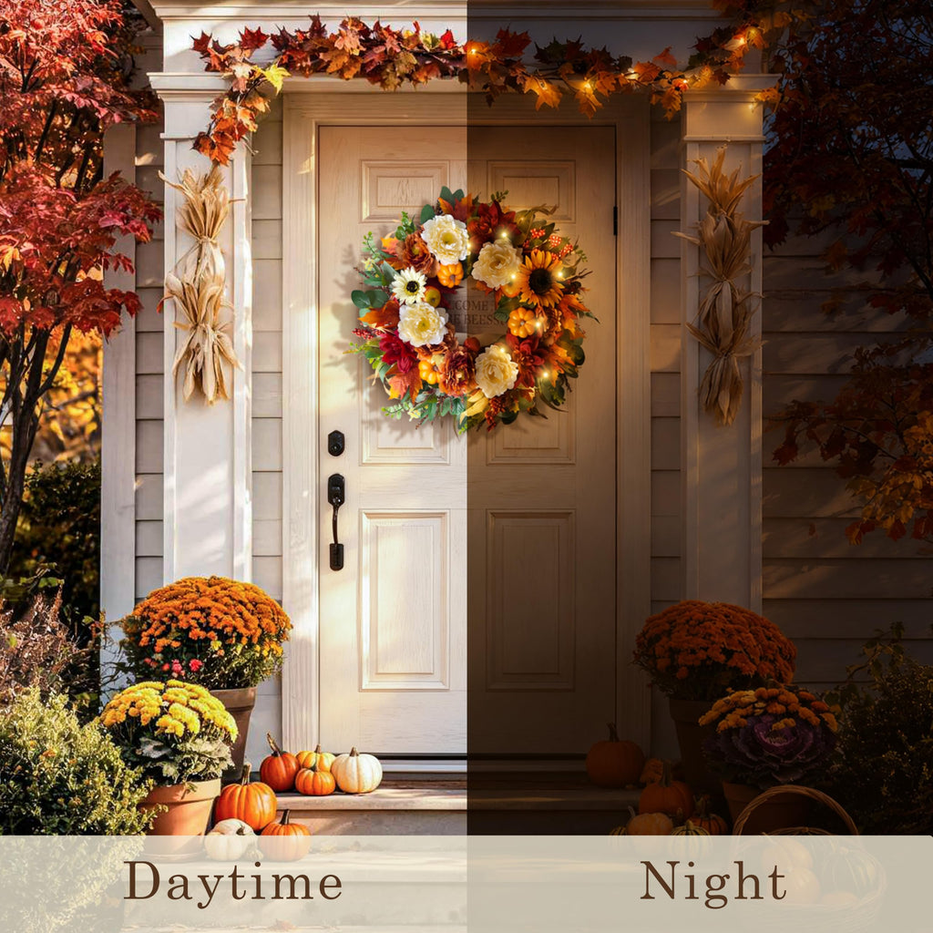 26'' Fall Wreath for Front Door with Light and Timer, Thanksgiving
