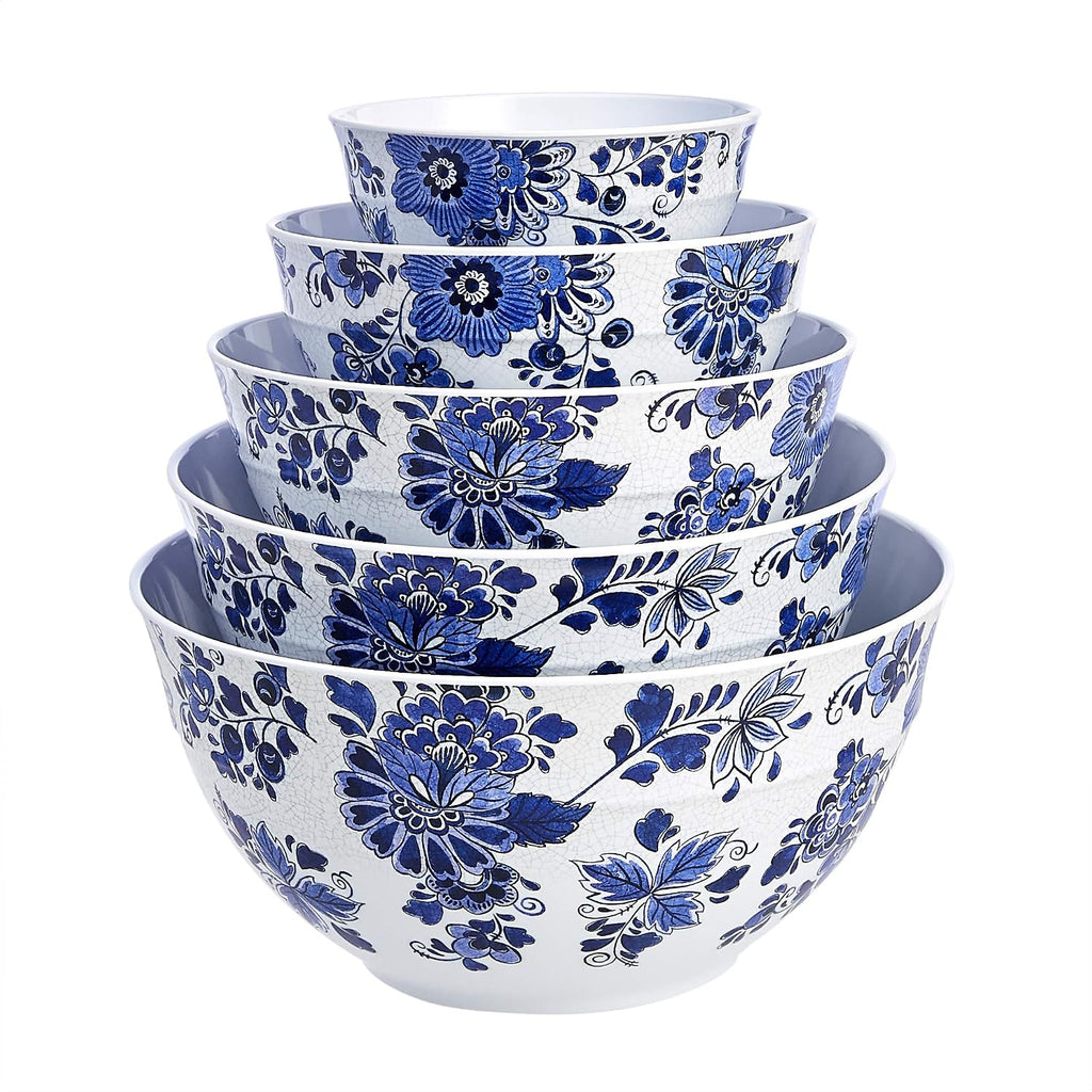 Mixing Bowls with Lids, Nesting Melamine Serving Bowls, Non-Slip Base, BPA Free, Dishwasher Safe, 5 Sizes, Blue and