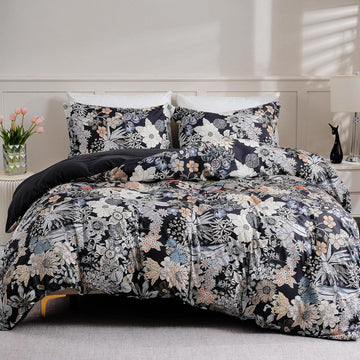 Flower 3 Pcs Duvet Cover Set, Breathable Soft Microfiber Black Lining Comforter Cover with Zipper Closure, and