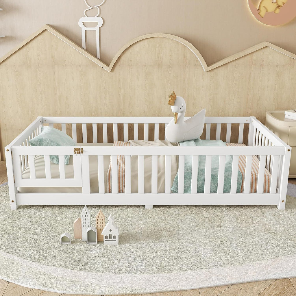 Twin Floor Bed with Slats, Fence and Door, Twin Size Montessori Floor Bed for Kids, Girls, Boys, Easy Assemble
