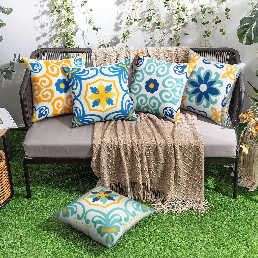 Outdoor Waterproof Throw Pillow Covers Set of 4 Floral Printed and Boho Farmhouse Summer Outdoor Pillow Covers