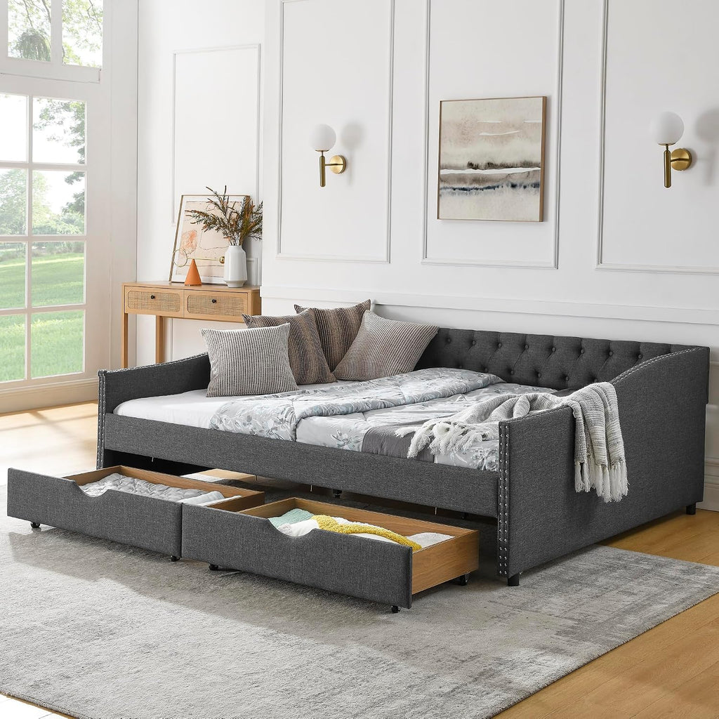 Queen Size Upholstery Daybed with 2 Drawers and Headboard, Mid-Century Style Tufted Sofa Bed with Button on Back