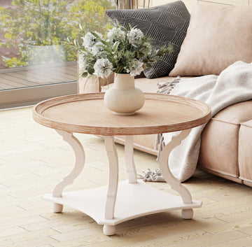 Coffee Table - Round Farmhouse Coffee Table - Wood Tray Top, White