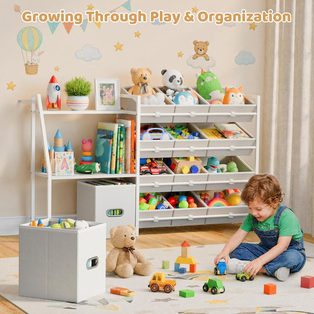 Kids Toy Storage Organizer - Toy Shelf , Kids Room | 12 Removable Fabric Bins, 2 Boxes & 2-Tier Bookshelves