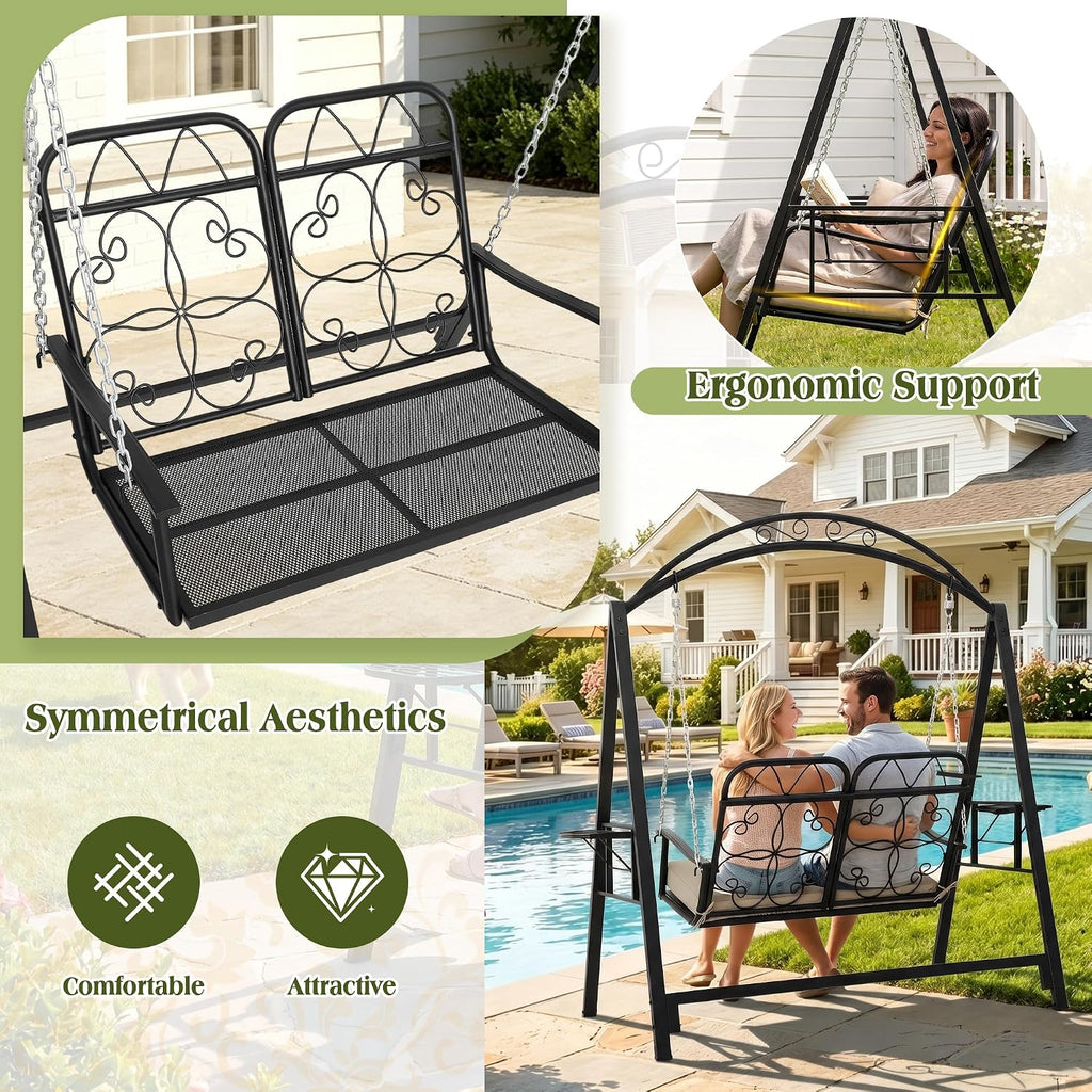 Porch Swing with Stand, 2-Person Metal Patio Swing with Cup Holder | Heavy-Duty Outdoor Swings Chair for adults with