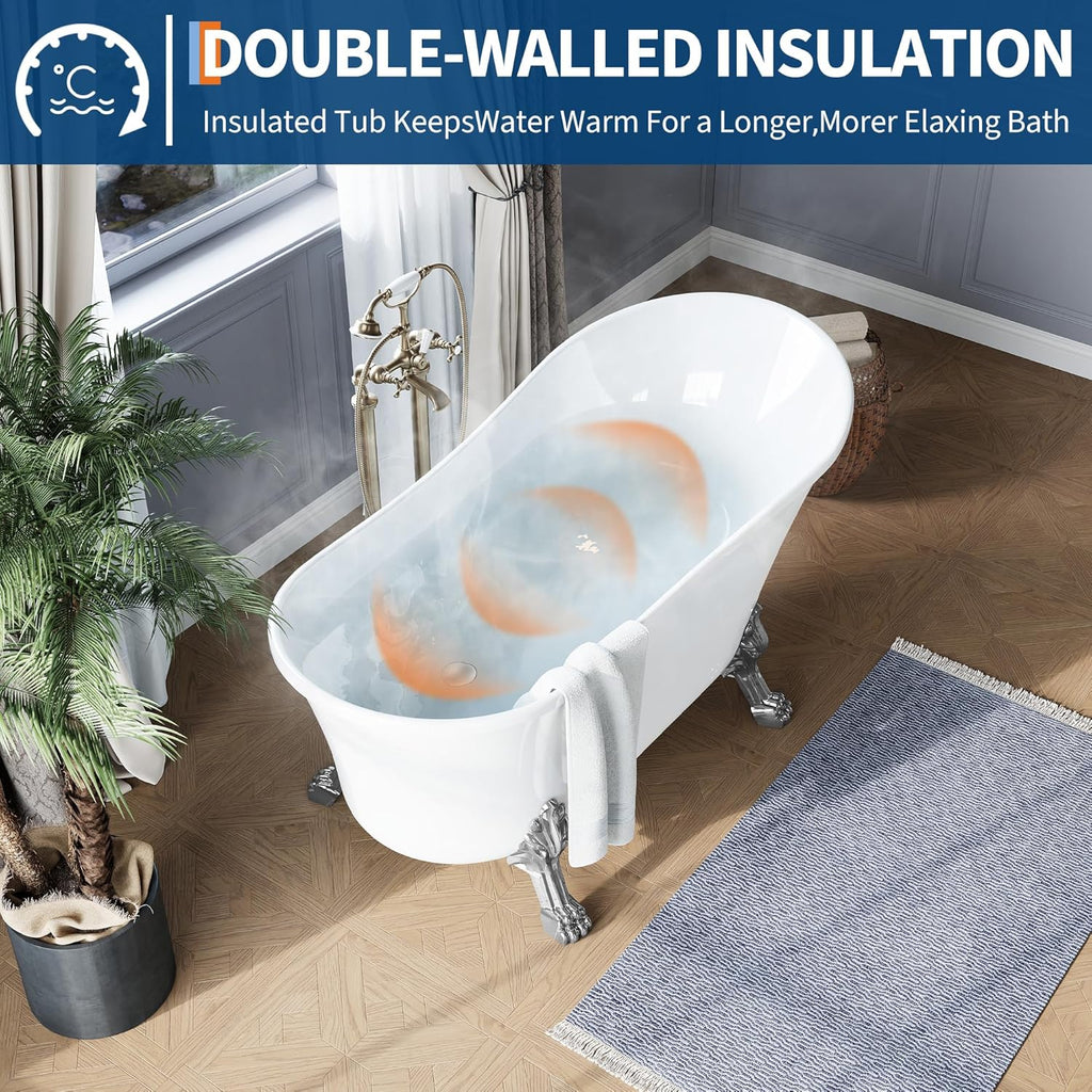 Freestanding Clawfoot Bathtub 67 Inch Acrylic Slipper Soaking Tub with Chrome Feet & Pop-Up Drain, Elegant Stand