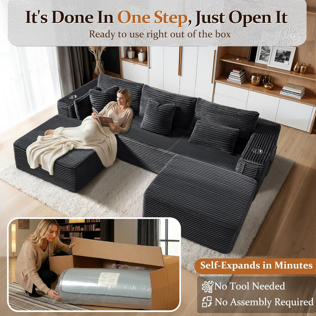 108" Oversized Cloud Sectional Couch, Comfort U Shaped Boneless Couch , Extra Deep Seats No Assembly, Modular Sofa