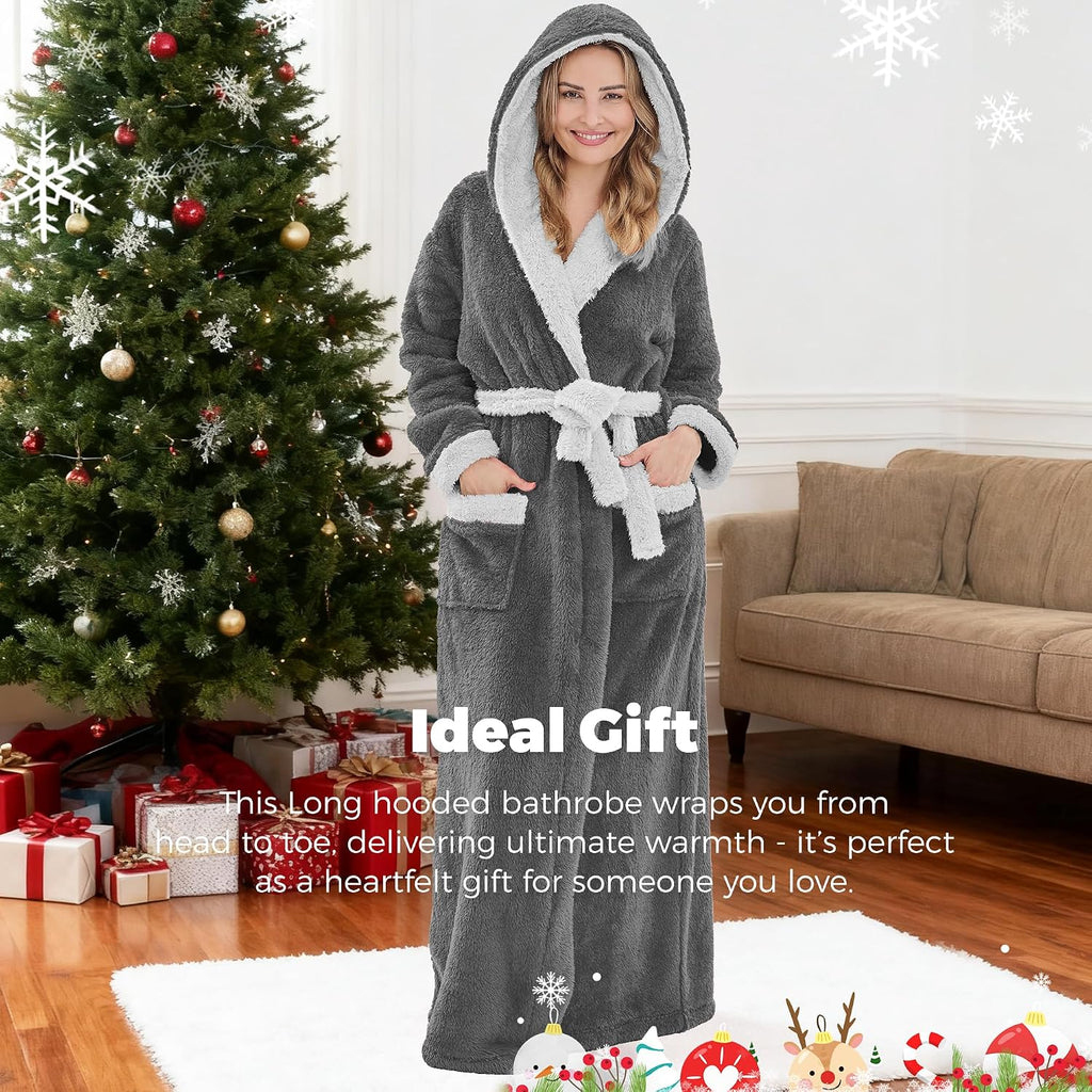 Long Robes For Women Floor Length, Fluffy Fleece Warm Cozy Hooded Bathrobe Plush Luxury Plus Size Winter Housecoat