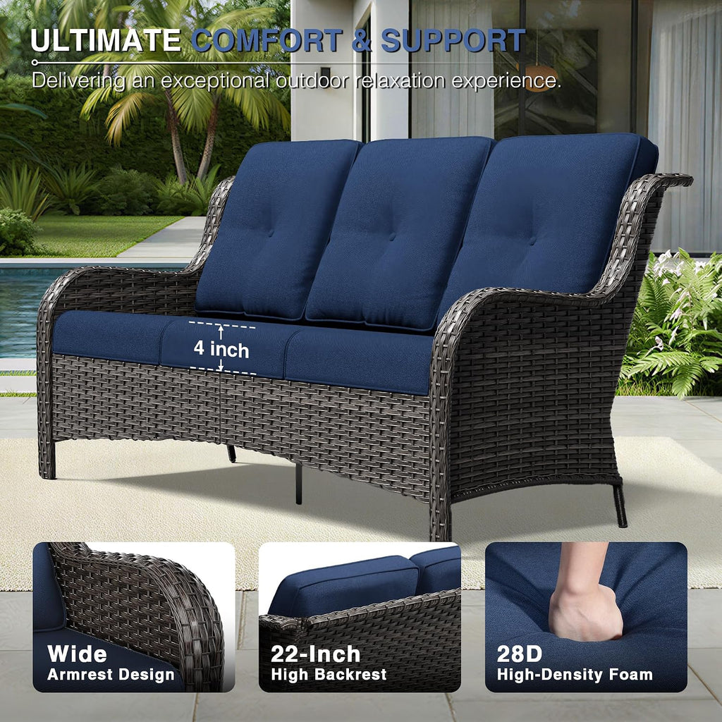 Outdoor Patio Couch, 3 Seater Outdoor Wicker Sofa with High Back, Deep Seating, Wide Armrest, Thickened Cushions