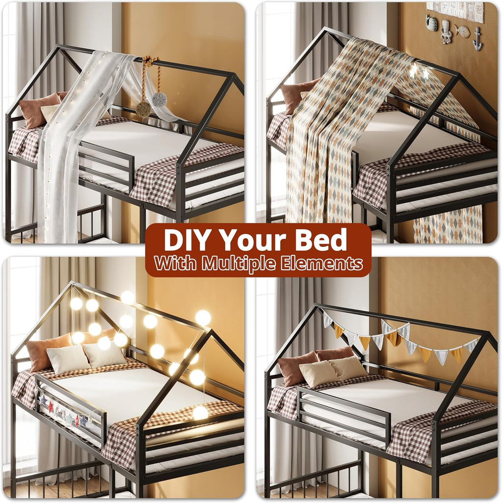Bunk Bed Twin Over Twin, House Bunk Bed Frame with Ladder and Guardrail