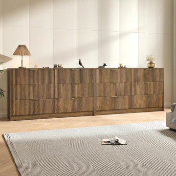 Walnut Dresser Set of 2, Long Dresser Wooden with 12 Drawers, Fluted Modern Bedroom Furniture Set, TV Stand Dressers