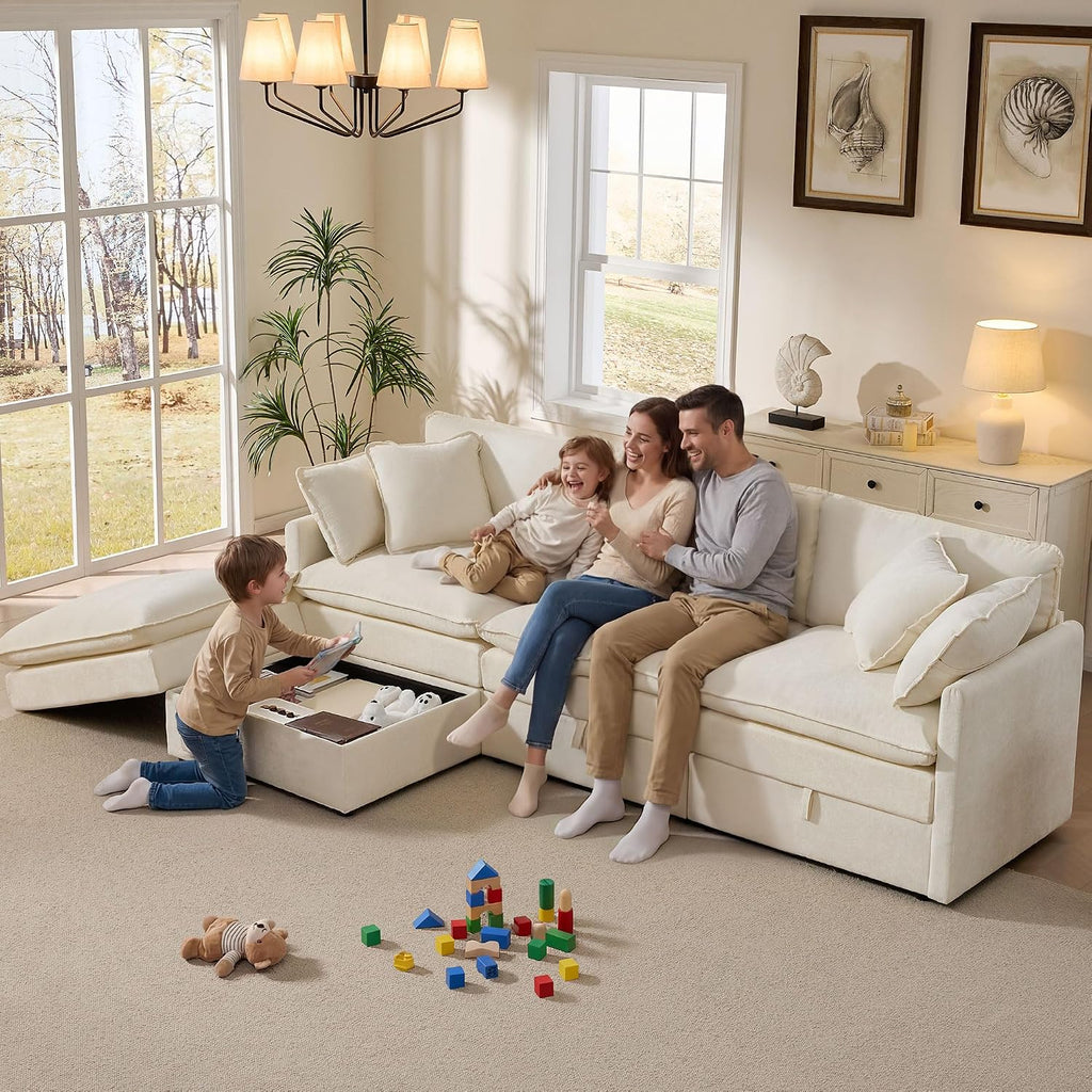 103" Modular Sectional Sofa with Storage, L Shaped Cloud Couch with Movable Ottomans & 4 Pillows, Chenille Deep Seat