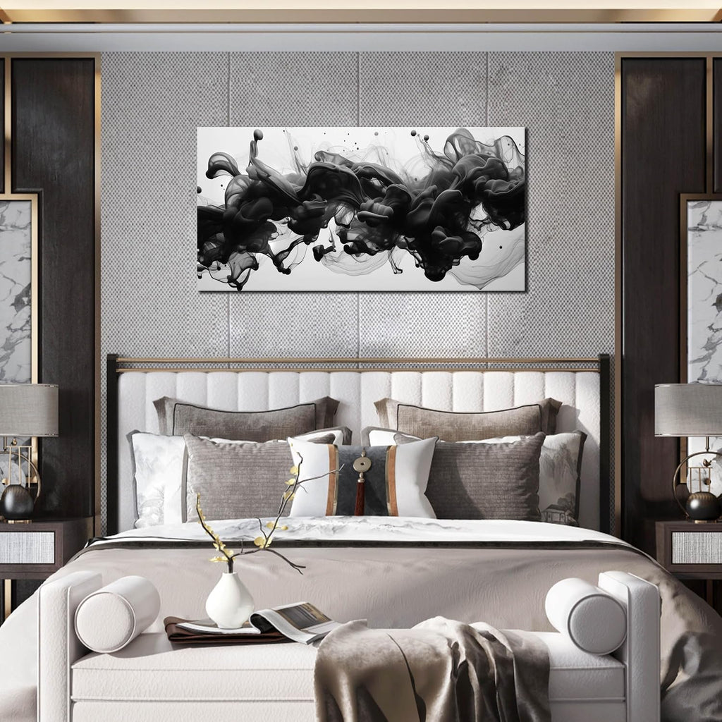 Abstract Black Wall Art, Neutral Black and White Canvas Decorative-Picture Bedroom Office, Contemporary Minimalist