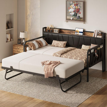 Twin XL Daybed, Day Bed Frame with Pop Up Trundle, Black | Pop Up Trundle Bed with Smooth Wheels, Charging Station