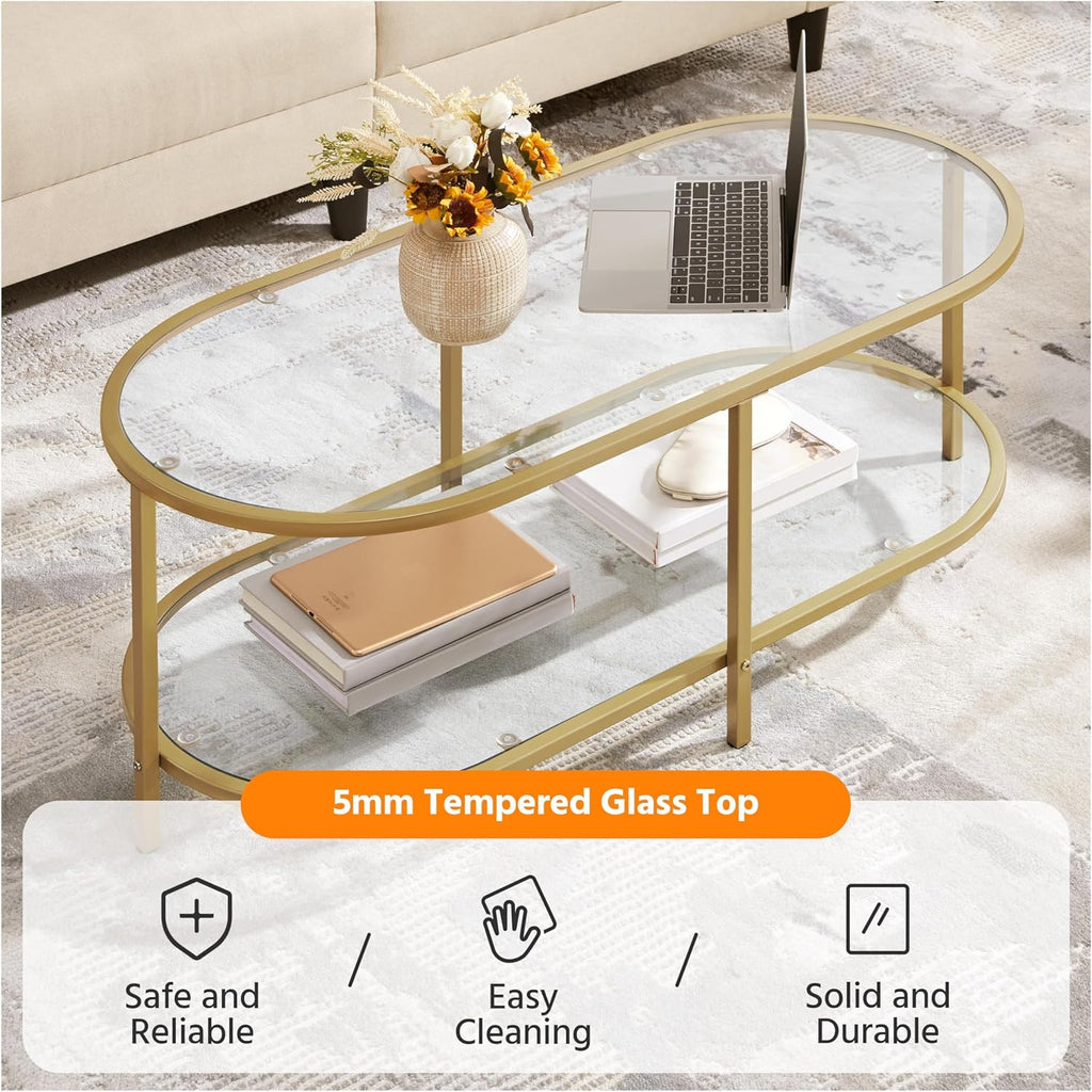 42" Oval Glass Coffee Table, 2-Tier Center Table with Storage Shelf for Small Space, Office