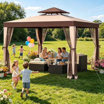 Outdoor Gazebo 10×10 Canopy Tent with Mosquito Nettings & Double Roofs, Canopy Shelter for Party, Patio Gazebo (Red