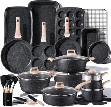 44pcs Nonstick Cookware Sets, Pots and Pans Set with Bakeware | Kitchen Knife Set Included, Lightweight Die-Cast
