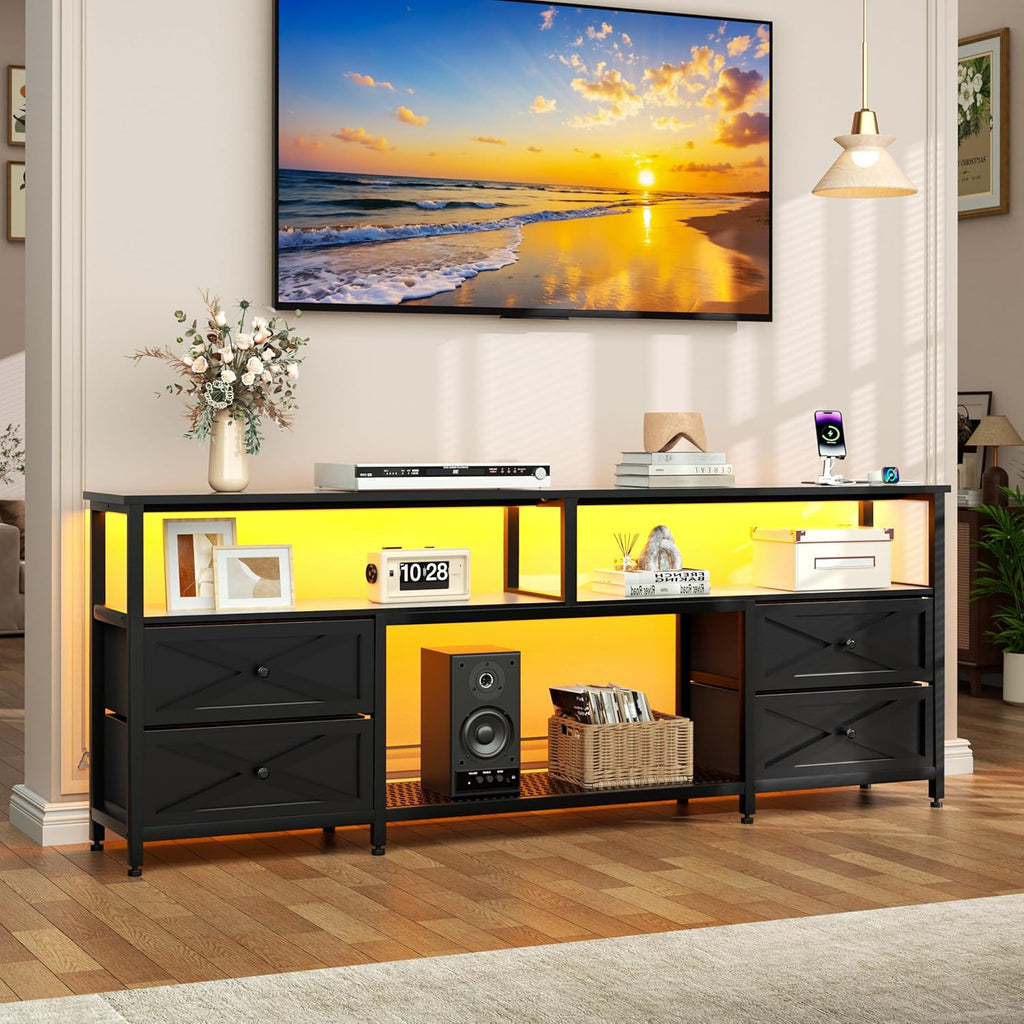 TV Stand with Fabric Drawers for 65 70 75 Inches TV - Entertainment Center with Open Storage Shelf, Power Outlets & LED Lights for Living Room, Bedroom, 63" TV Console Media Console, Black