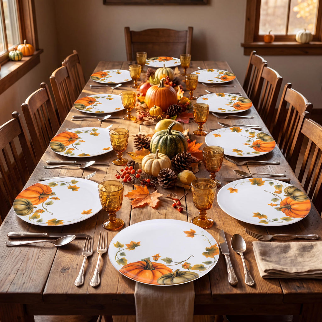 10in Melamine Dinner Plates Set 12 - Fall Pumpkin Design for Outdoor