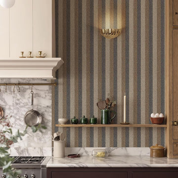 Textured Fabric Wallpaper Peel and Stick Large Size 26"x400" Black/Brown/Grey Stripes Printed Grasscloth Look Wall