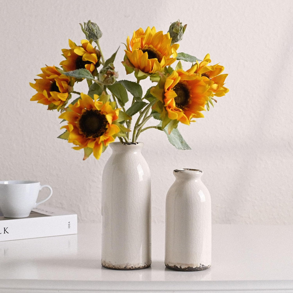 White Ceramic Vases Home Decor, Farmhouse Vase for Flowers, Flower Vase Set of 2, Rustic Decorative Vases for Pampas