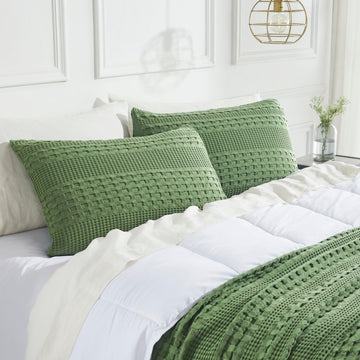 Waffle Weave Olive Green King Size Sham Set of 2 20x36, Decorative Throw Pillow Covers/Shams, Boho Farmhouse Bedroom