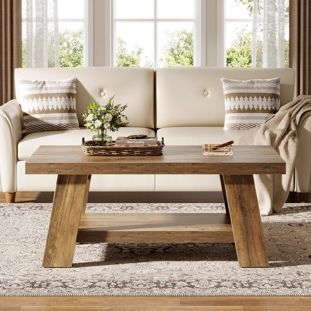 47-Inch Farmhouse Coffee Table with Storage Shelf, Rustic Wooden Center Table, 2-Tier Rectangle Coffee Table (Rustic ...