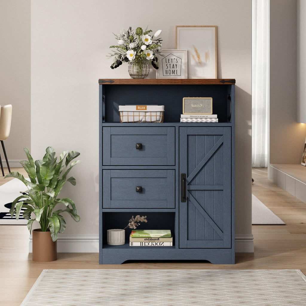 Farmhouse Storage Cabinet with 2 Drawers & Shelves, Blue
