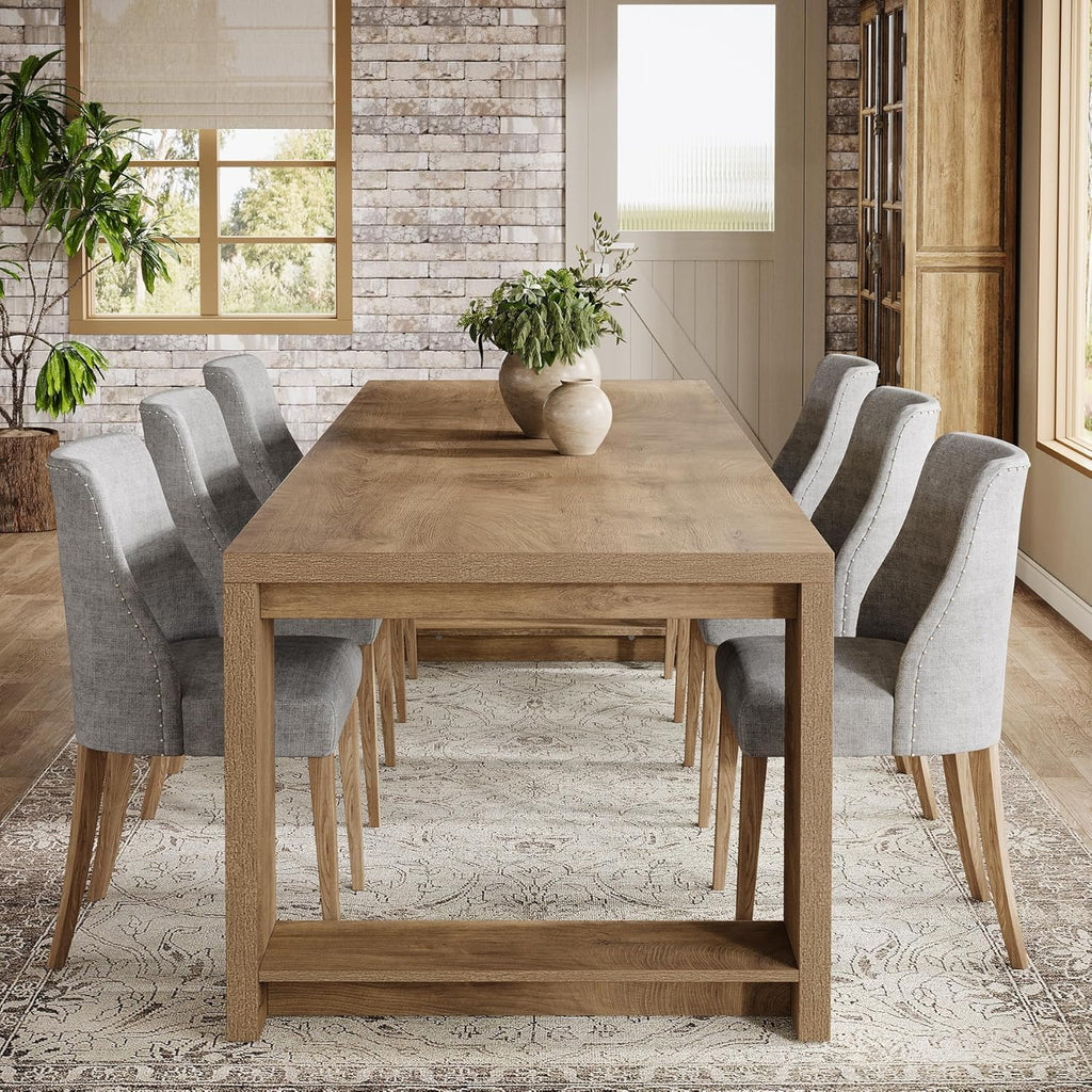 86.61-Inch Dining Table for 6 People, Modern Narrow Long Kitchen Table with Pedestal Base, Farmhouse Extra Long