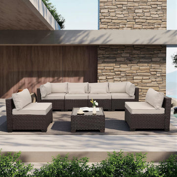 Outdoor Patio Furniture Set 7 Pieces Wicker Sectional Sofa Brown Rattan Conversation Couch with Coffee Table