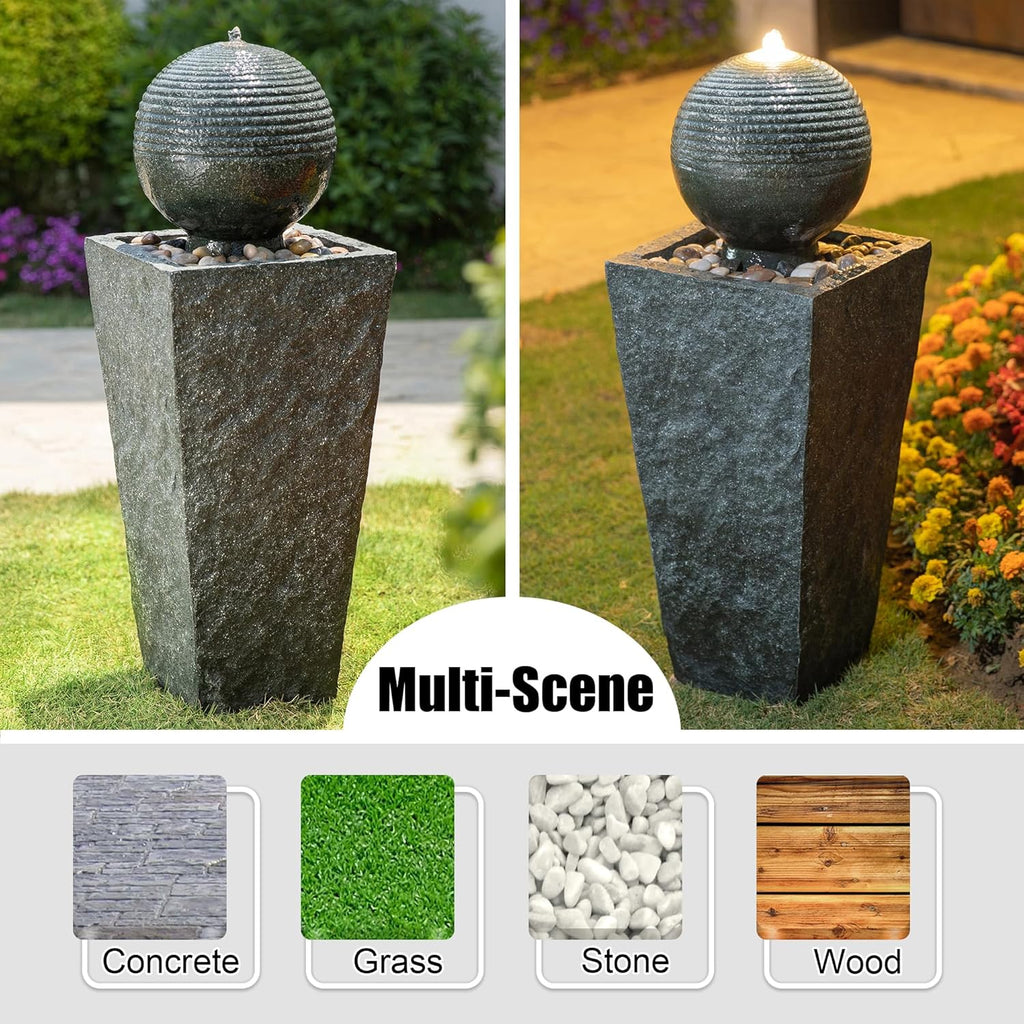 Outdoor Water Fountain with LED Light, Decorative Sphere Pedestal Outdoor Fountain with Submersible Pump