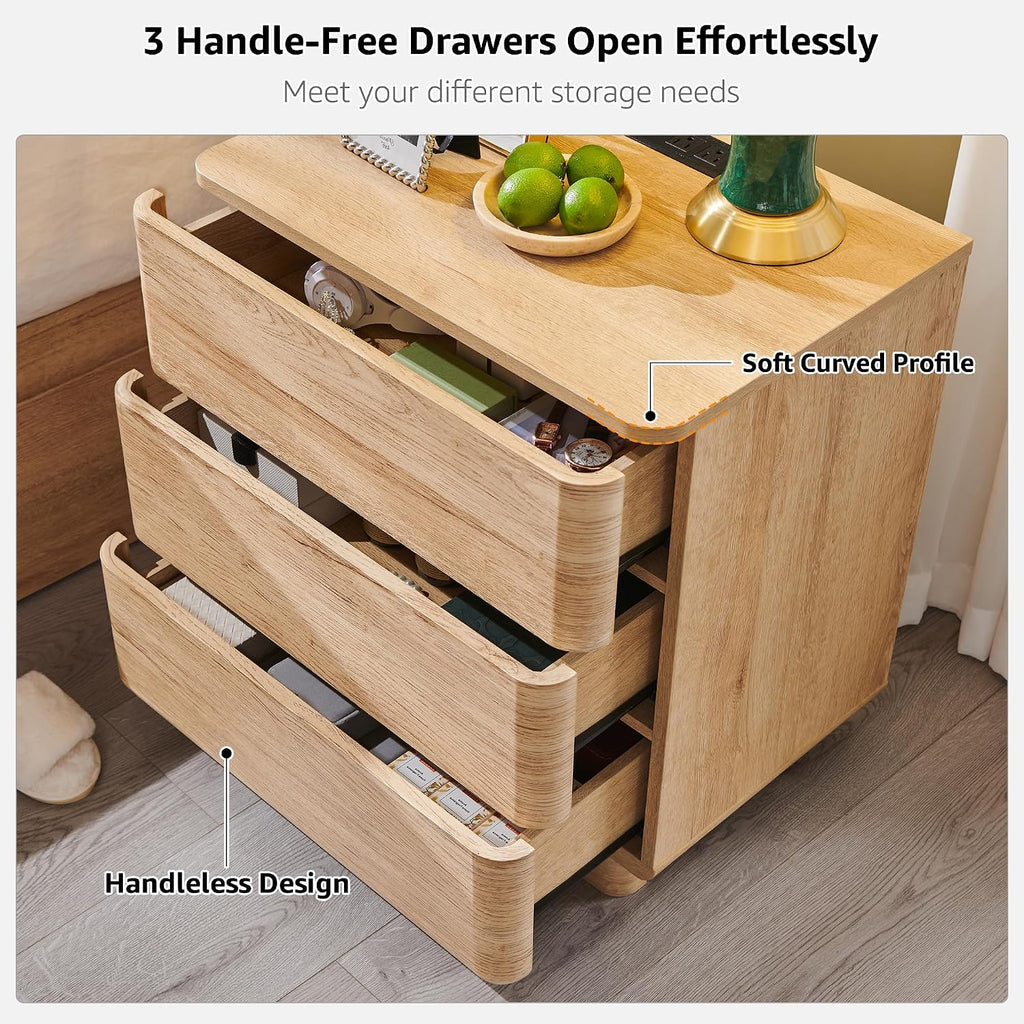 22" Modern Nightstand with Charging Station, Large Push-to-Open End Table, Wood Bedside Table w/Curved Profile