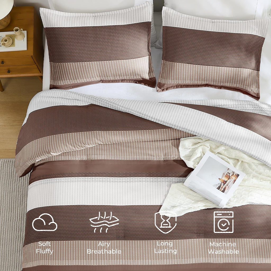 Brown Comforter Set - 3 Pieces Stripe Bed Set