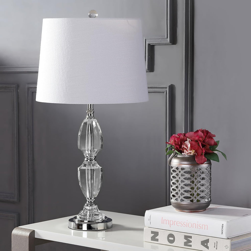 27" Clear Crystal LED Table Lamp, Traditional French Country Chrome Nightstand Lamp with White Linen Drum Shade
