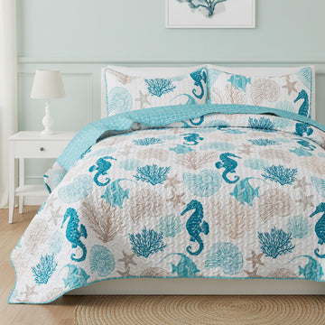 Beach Quilt Set, Coastal Ocean Bedding, with 1 Sham