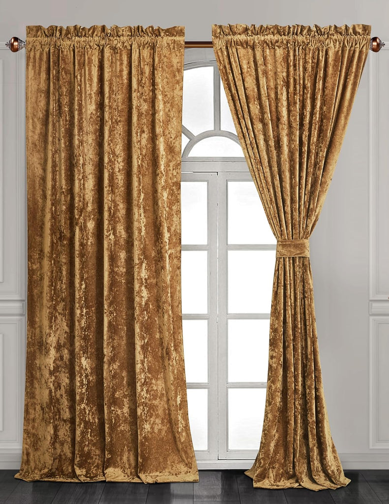 Lux Caramel Gold Crushed Velvet Curtains 2 Panel Set - 96 inches Long Room Darkening Luxury Distressed Velvet Rod
