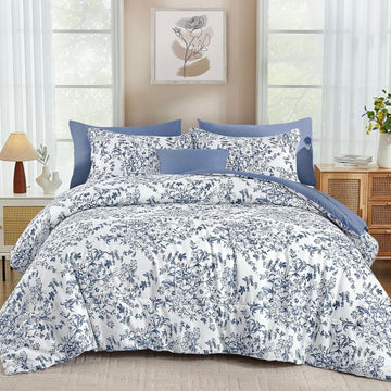 Blue Floral Comforter Set, 8 Pieces Flower Botanical Bed in a Bag Bedding Set, Soft Microfiber Comforter, Sheets