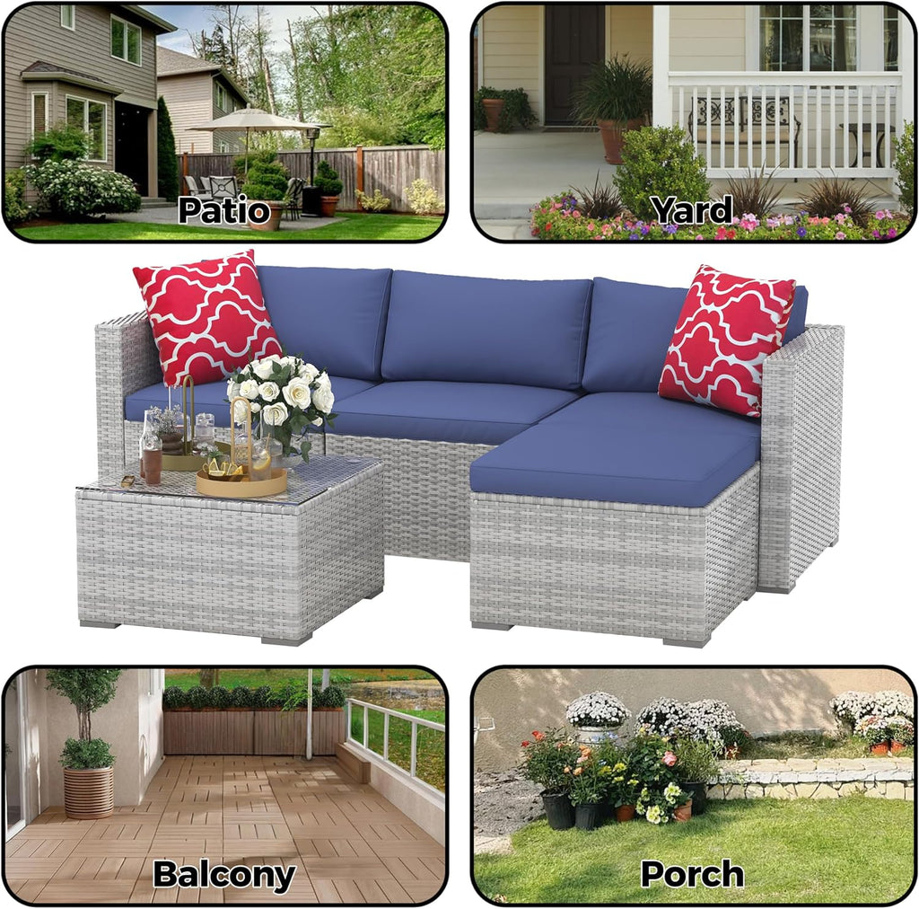 5 Piece Patio Furniture Set, Rattan Sectional Sofa with Glass Storage Table | Rust-Resistant Steel Frame,PE