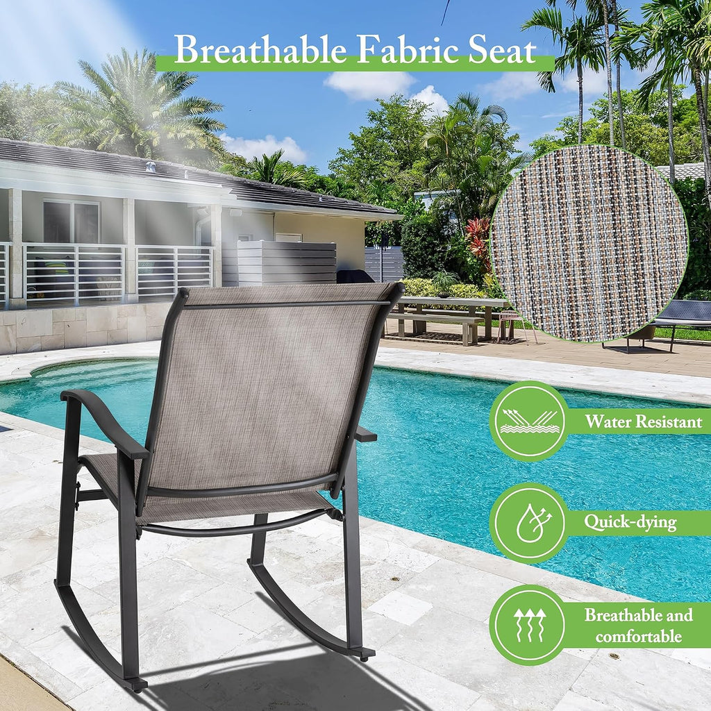 3 Piece Rocking Bistro Set, Outdoor Furniture with Rocker Chairs and Glass Coffee Table Balcony, Porch Furniture for