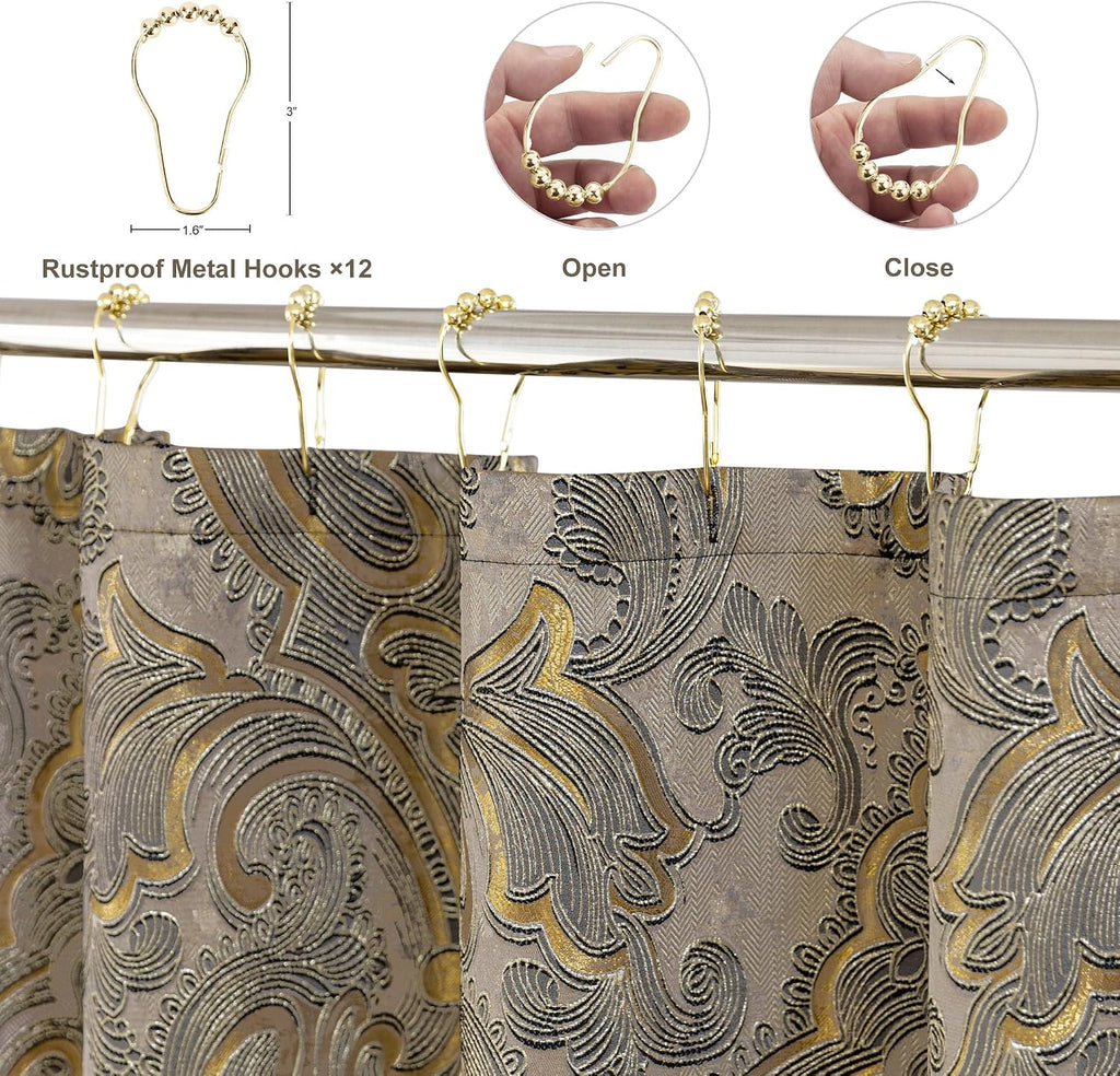 Textured Fabric Shower Curtain Set Damask Design, Taupe+Gold | Include 12 Metal Hooks, Royal Jacquard Bathroom Shower