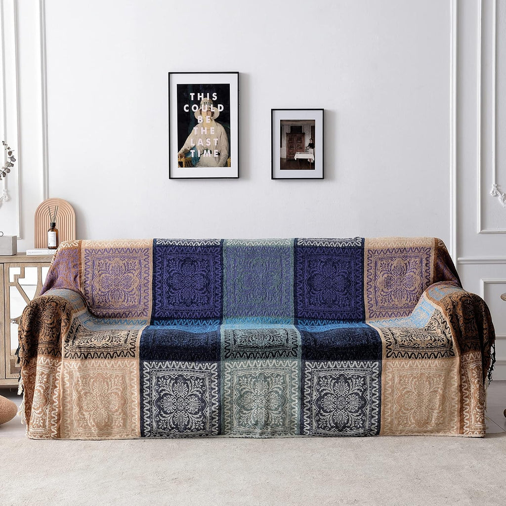 Boho Chair Cover Colorful Chenille Tassels Hippie Throw Blanket, Blanket for Bohemian Living Room Decor Purple(60"*75")