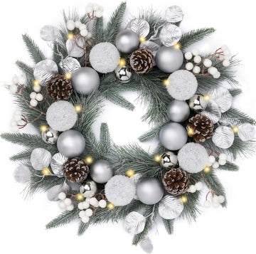 20'' Pre-Lit Christmas Wreath for Front Door with Lights, Lighted Christmas Door Wreath with Silvery White Xmas Ball