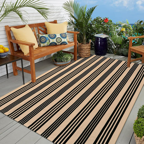 Outdoor Patio Rug 5'x7', Black and Tan Striped Outdoor Rugs Machine Washable Area Rugs Cotton Hand W