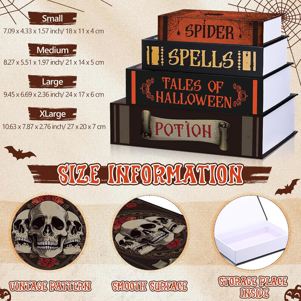 Set of 4 Decorative Books Boxes Faux Books Stacked for Coffee Tables Modern Home Bookshelves DIY Crafts Decor (Skull