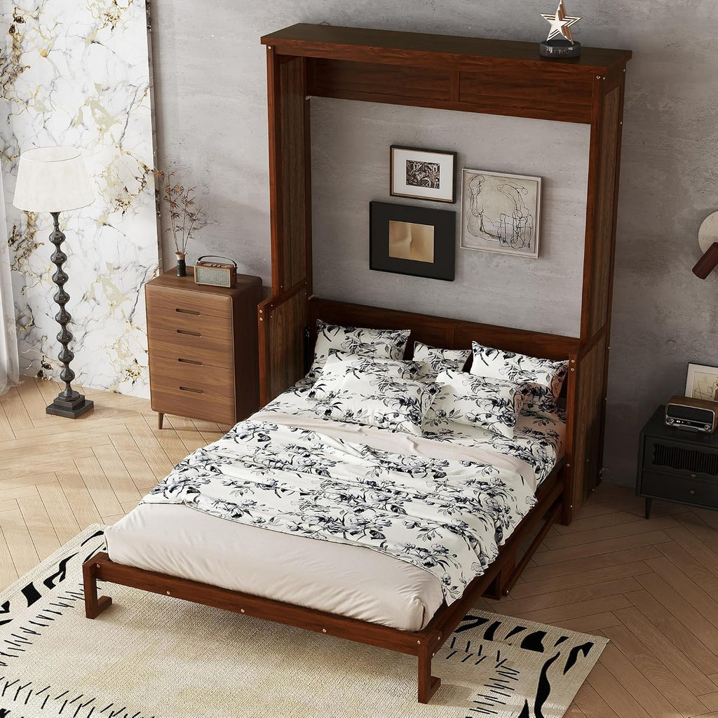 Queen Murphy Bed with Desk, Wood Wall Bed with Gas Struts, Space Saving Foldable Murphy Bed for Small Spaces, Guest