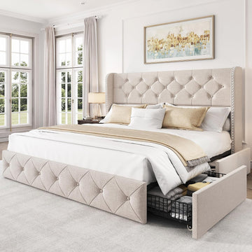 Queen Bed Frame with 4 Storage Drawers and 47.2" Tall Tufted Headboard Linen Upholstered Platform Bed Frame Wingback