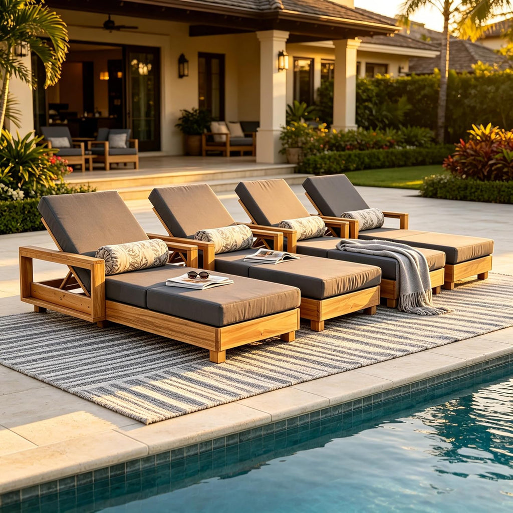 Wood Chaise Lounge with 4 Triple-Fold Cushion, Dark Gray | Outdoor Chaise Lounge, Acacia Wood Patio Recliner With 4