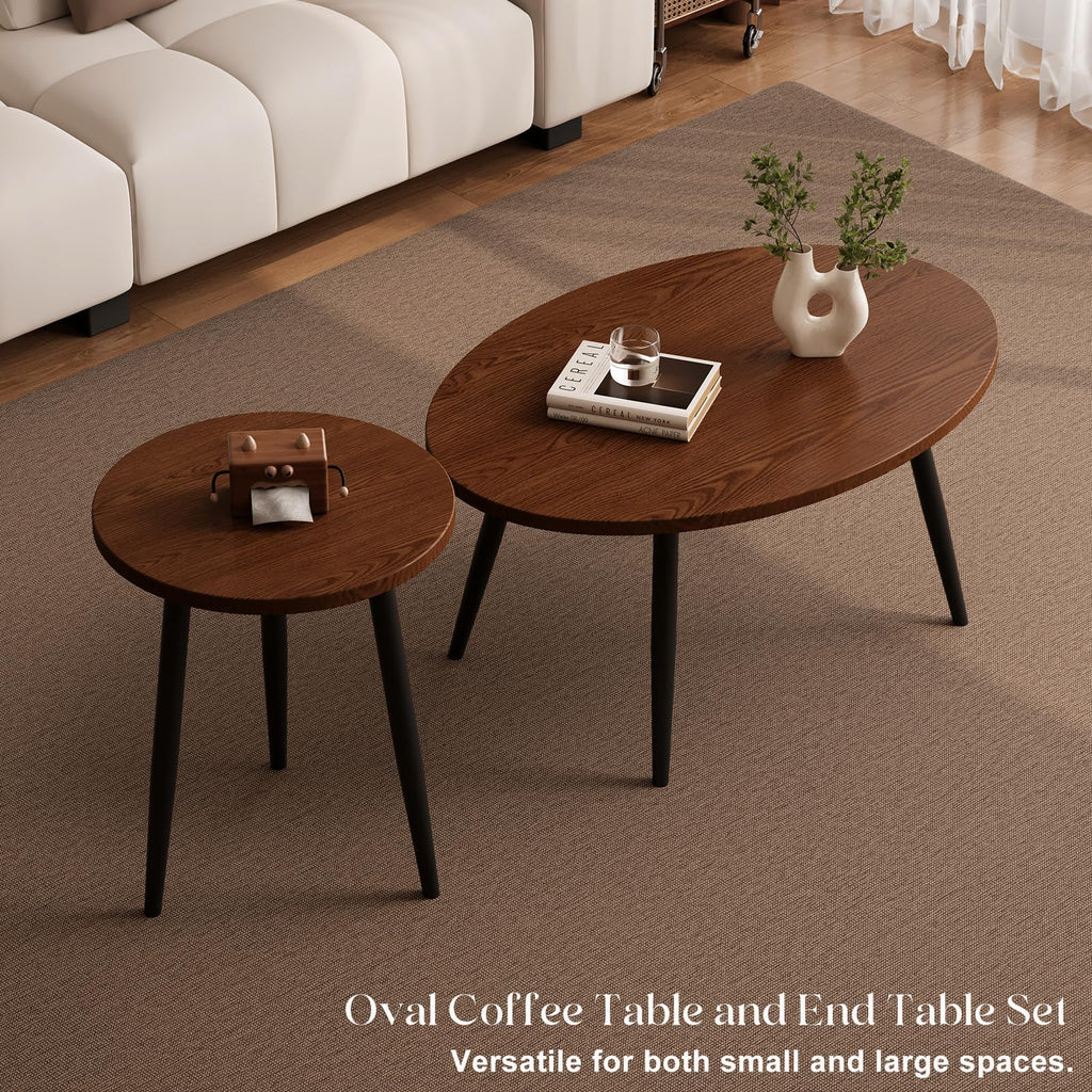 2 Pcs Small Oval Coffee, 31.5" Retro Walnut Coffee Tables Nesting Tables Set, Easy Assembly Mid Century Modern Coffee